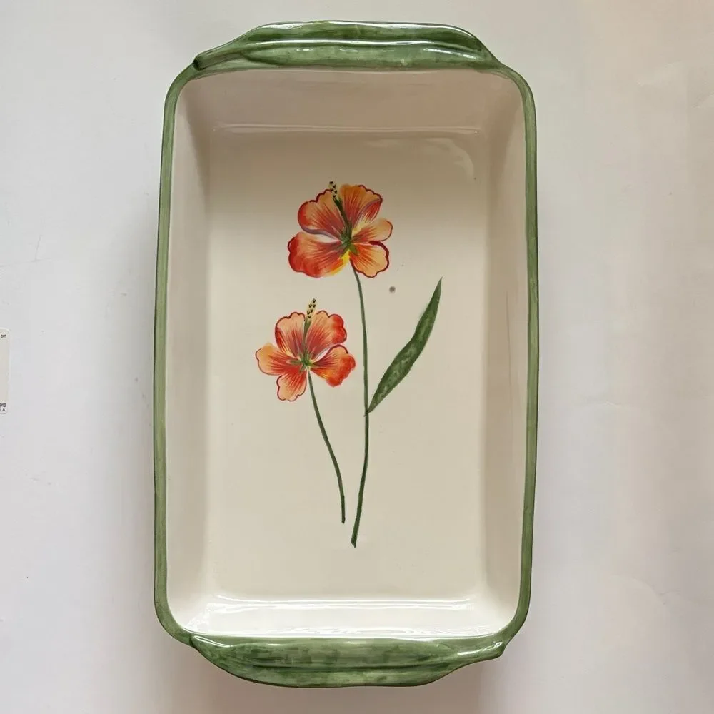 Fitz and Floyd In Bloom Floral Stripe Ceramic Rectangle Baking Casserole Dish